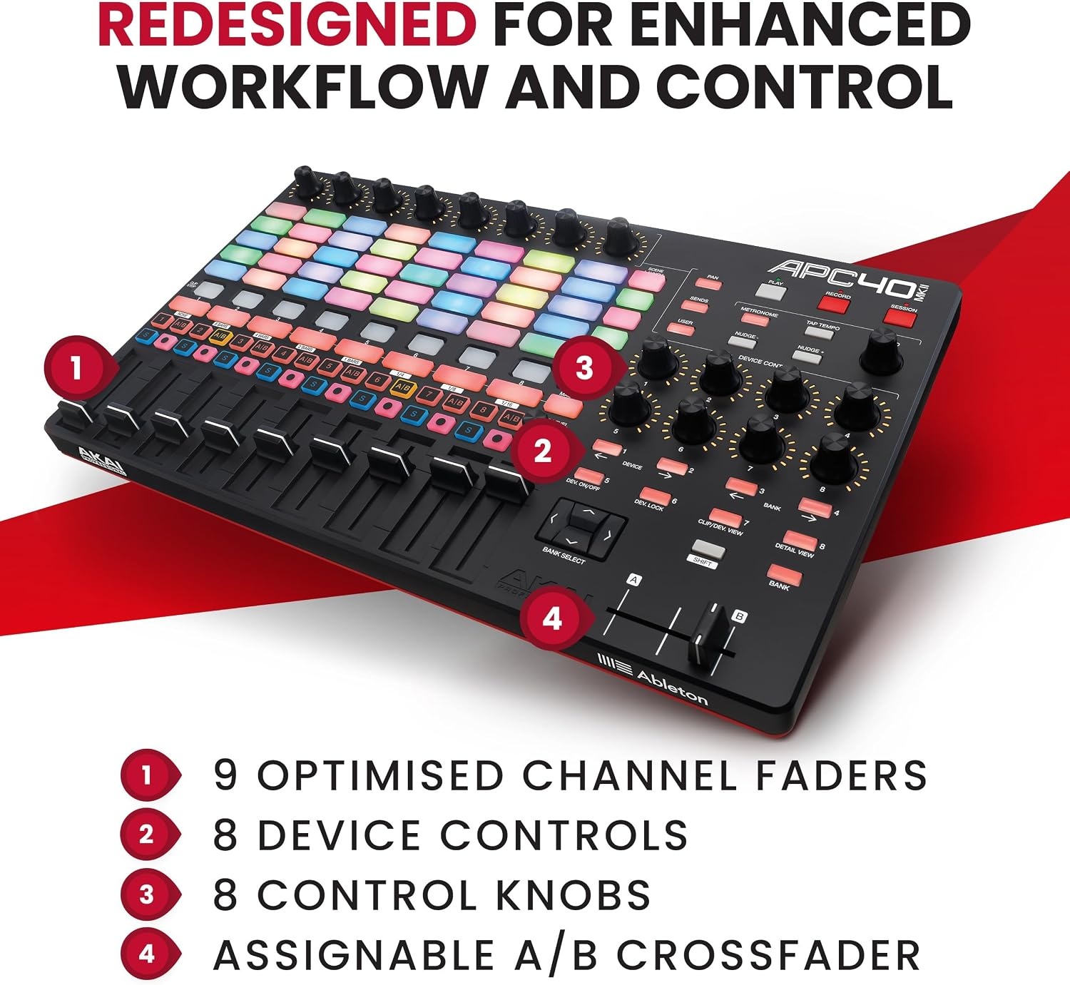 image:imageAkai Professional APC40 MKII USB MIDI Pad Controller 40 RGB Pads 8 Knobs 9 Faders 11 Mapping for Ableton Live for Live Performance and Music Production