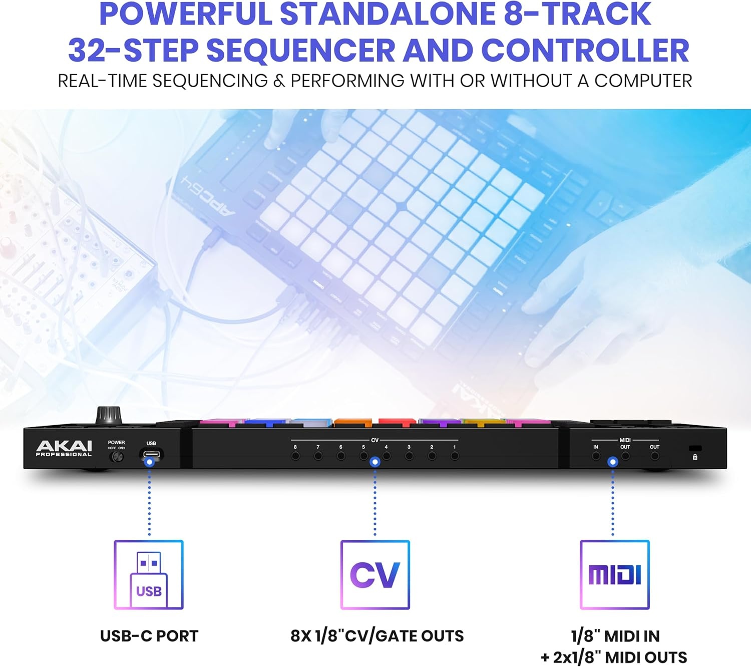 image:imageAkai Professional APC64 USB MIDI Pad Controller 64 RGB Pads 8 Touch Strips 32 Step Sequencer CV Gates MIDI IO for Ableton Live Live Performance and Music Production