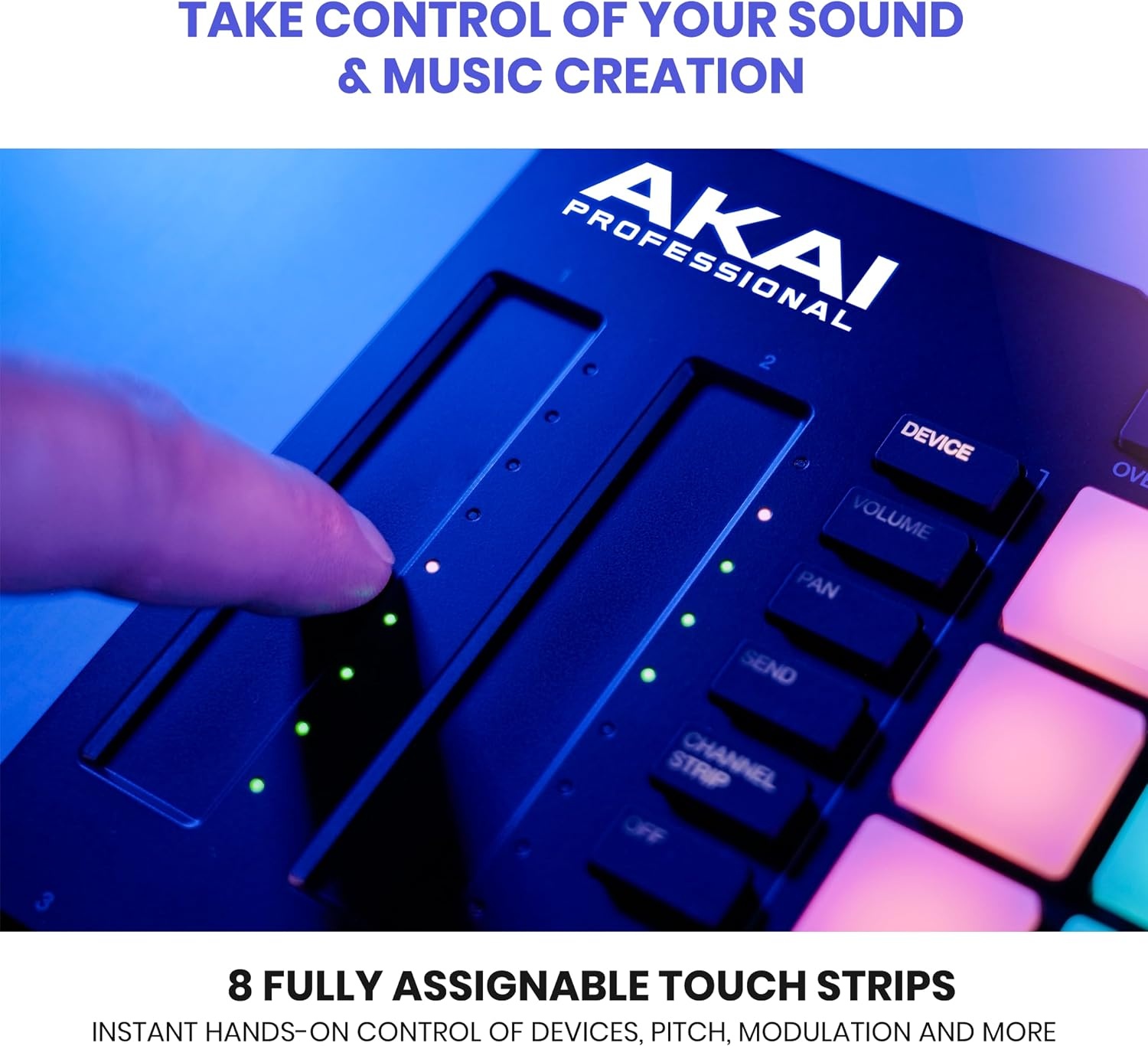 image:imageAkai Professional APC64 USB MIDI Pad Controller 64 RGB Pads 8 Touch Strips 32 Step Sequencer CV Gates MIDI IO for Ableton Live Live Performance and Music Production