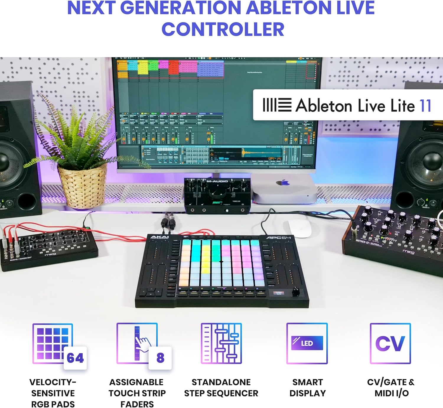image:imageAkai Professional APC64 USB MIDI Pad Controller 64 RGB Pads 8 Touch Strips 32 Step Sequencer CV Gates MIDI IO for Ableton Live Live Performance and Music Production