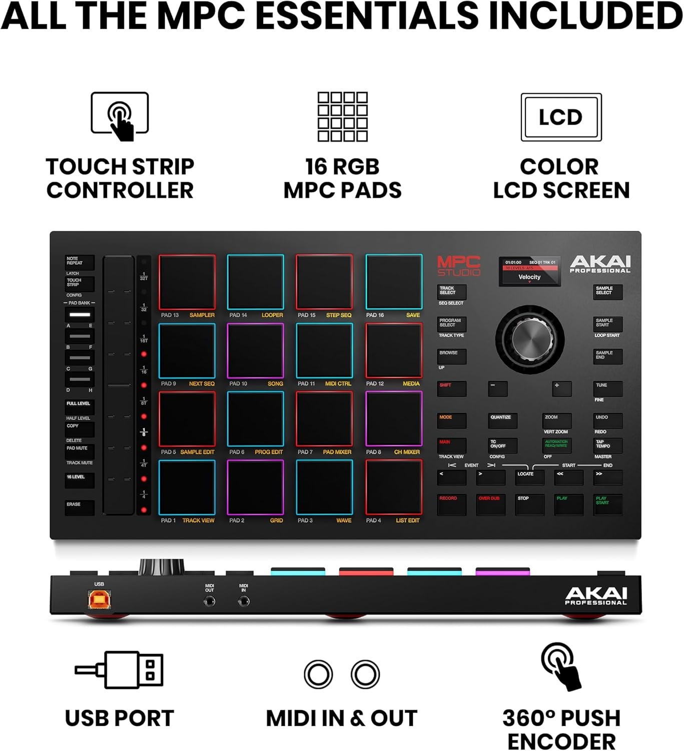 image:imageAkai Professional MPC Studio USB MIDI Pad Controller 16 VelocitySensitive RGB MPC Pads MPC Software Assignable Touch Strip for Beat Makers and Music ProducersMPC Studio
