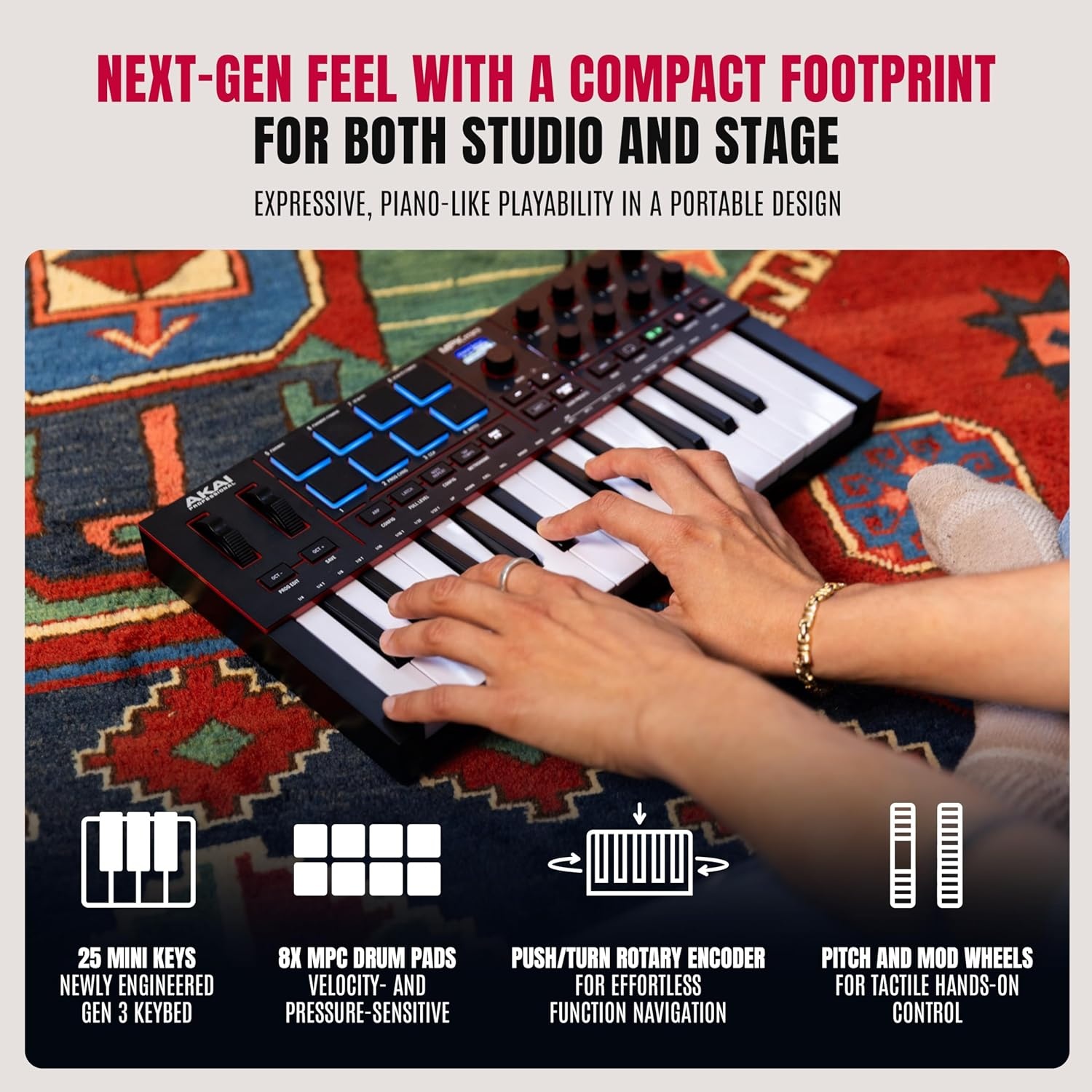 image:imageAkai Professional MPK Mini MK3 25Key USB MIDI Keyboard Controller VelocitySensitive Mini Keys 8 MPC Pads 8 Knobs Software Suite Included for Beat Makers Music Producers and Home StudiosBlack