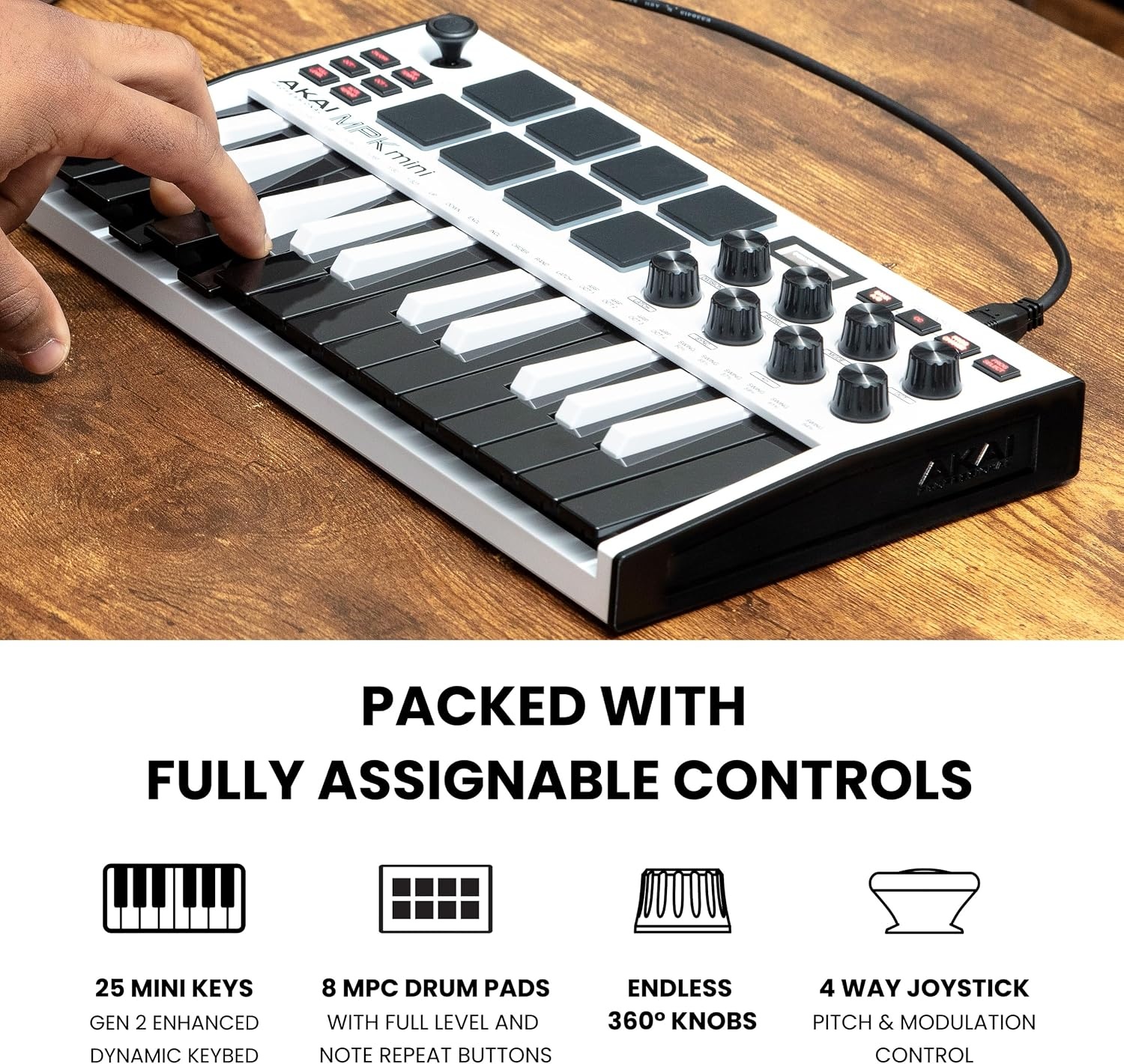image:imageAkai Professional MPK Mini MK3 25Key USB MIDI Keyboard Controller VelocitySensitive Mini Keys 8 MPC Pads 8 Knobs Software Suite Included for Beat Makers Music Producers and Home StudiosWhite