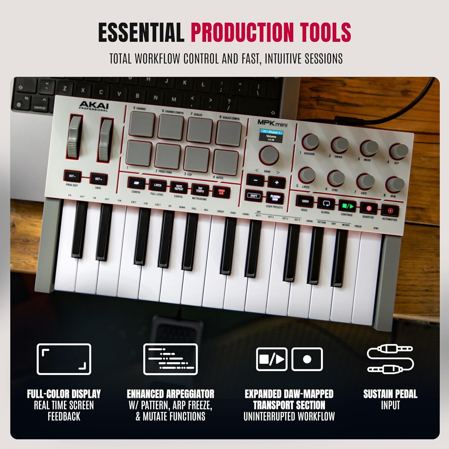 image:imageAkai Professional MPK Mini MK3 25Key USB MIDI Keyboard Controller VelocitySensitive Mini Keys 8 MPC Pads 8 Knobs Software Suite Included for Beat Makers Music Producers and Home StudiosGrey
