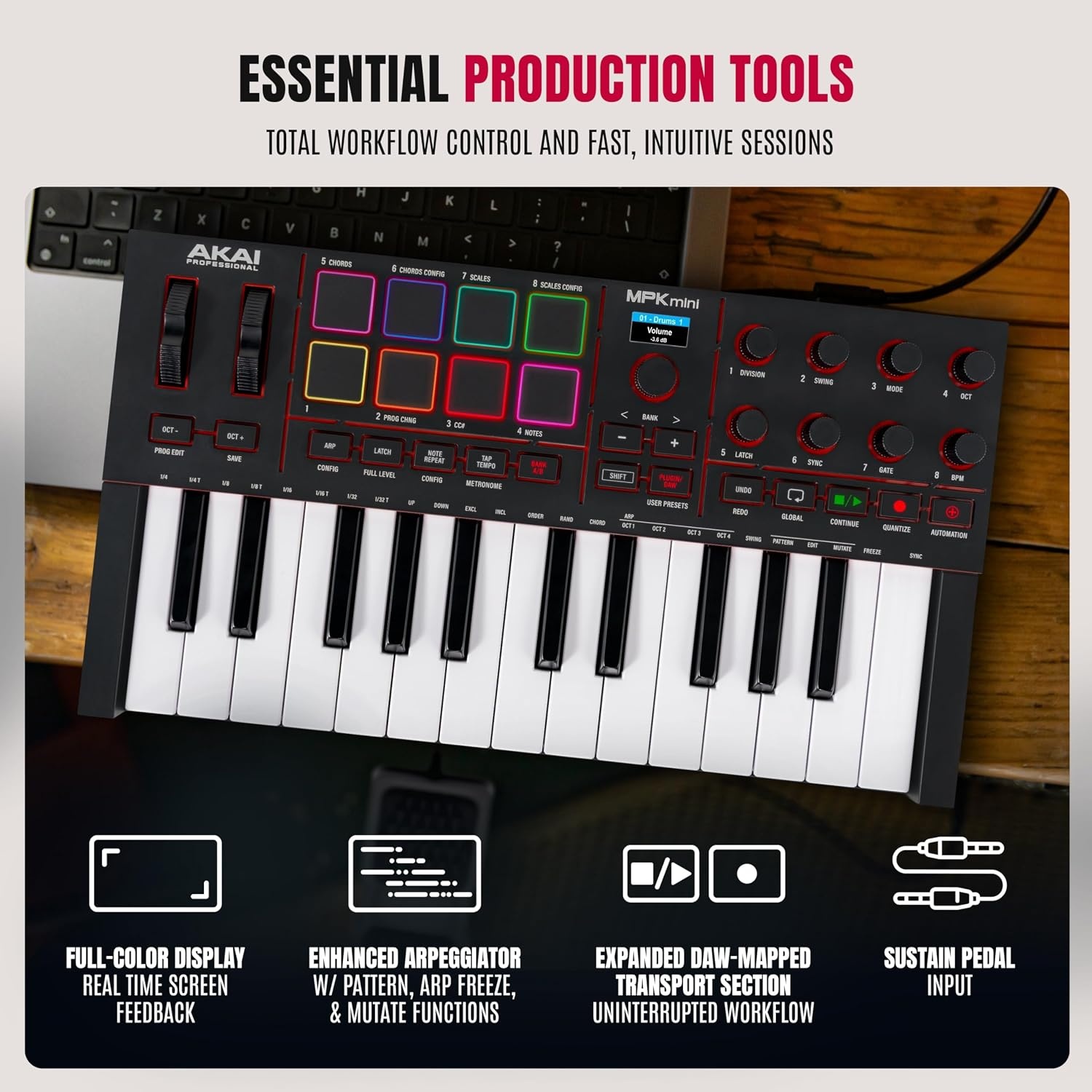 image:imageAkai Professional MPK Mini MK3 25Key USB MIDI Keyboard Controller VelocitySensitive Mini Keys 8 MPC Pads 8 Knobs Software Suite Included for Beat Makers Music Producers and Home StudiosBlack