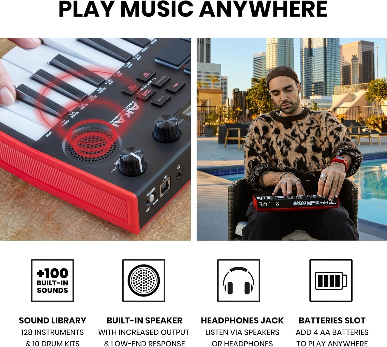 image:imageAkai Professional MPK Mini Play MK3 25Key USB MIDI Keyboard Controller VelocitySensitive Mini Keys 8 MPC Pads 8 Knobs BuiltIn Sounds Speaker Software Suite Included for Beat MakersMPK Mini Play