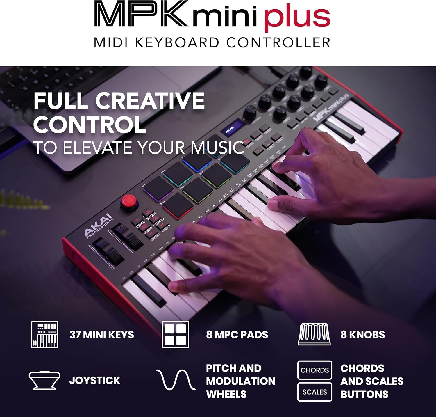 image:imageAkai Professional MPK Mini Plus 37Key USB MIDI Keyboard Controller VelocitySensitive Mini Keys 8 MPC Pads 64 Step Sequencer MIDICVGate IO Software Suite Included for Beat MakersBlack