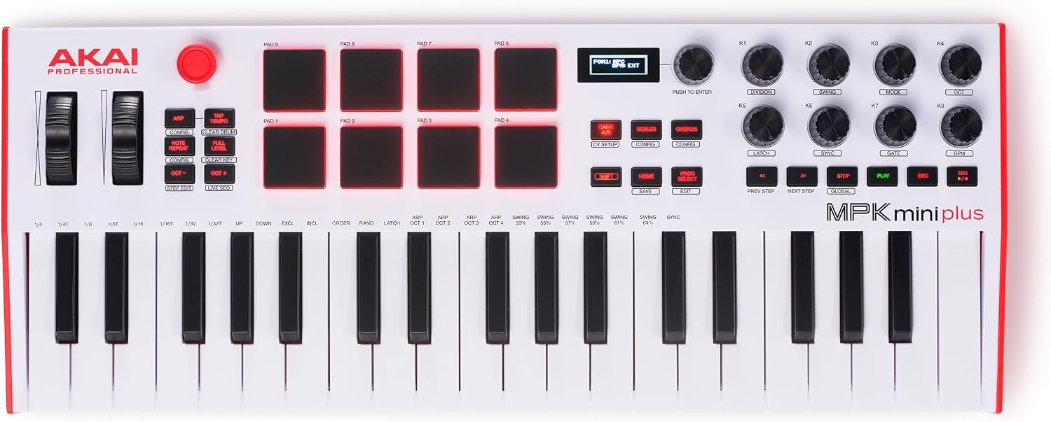 image:imageAkai Professional MPK Mini Plus 37Key USB MIDI Keyboard Controller VelocitySensitive Mini Keys 8 MPC Pads 64 Step Sequencer MIDICVGate IO Software Suite Included for Beat MakersWhite