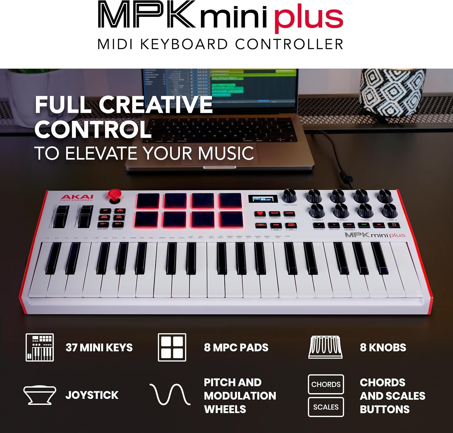image:imageAkai Professional MPK Mini Plus 37Key USB MIDI Keyboard Controller VelocitySensitive Mini Keys 8 MPC Pads 64 Step Sequencer MIDICVGate IO Software Suite Included for Beat MakersWhite